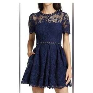 Self Portrait Guipure Lace Embellished Dress in Navy Blue US 4